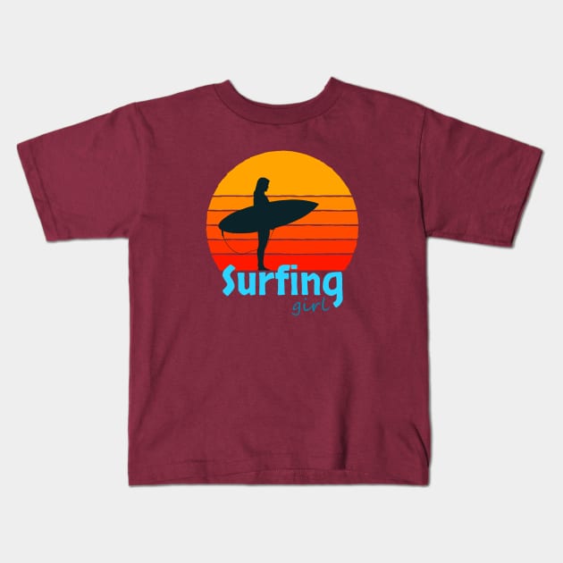 Surfing Girl Orange Sun Kids T-Shirt by AKdesign